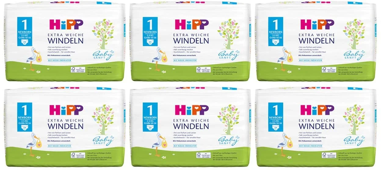 Pannolini Hipp Babysanft Newborn Carry Size 1, 6x24 pezzi (144 pezzi)